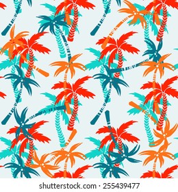 Seamless pattern with silhouettes tropical coconut palm trees. Summer repeating background. Natural print texture. Cloth design. Wallpaper, wrapping