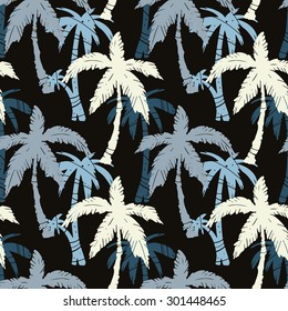 Seamless pattern with silhouettes tropical coconut palm trees. Summer colorful repeating background. Natural print texture. Cloth design. Wallpaper, wrapping