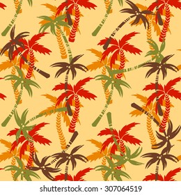 Seamless pattern with silhouettes tropical coconut palm trees. Summer colorful repeating background. Natural print texture. Cloth design. Wallpaper, wrapping