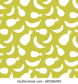 Seamless pattern with silhouettes of tropical fruits. White pineapple and banana at light green backdrop. Repeatable food theme background. Vector illustration.