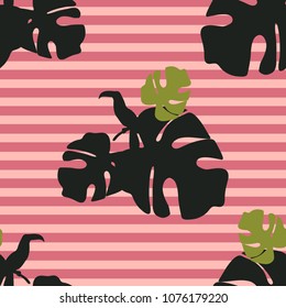 Seamless pattern with silhouettes of tropical leaves, toucans and stripes. Jungle vector illustration design for fabrics, wallpapers.