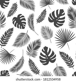 Seamless pattern silhouettes tropical leaves. Monochrome wallpaper jungle exotic leaf philodendron, areca palm, royal fern.