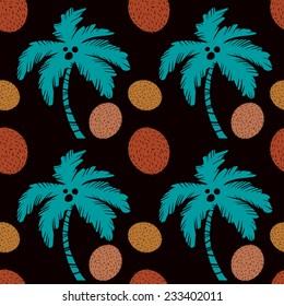 Seamless pattern with silhouettes tropical palm trees and coconuts fruits. Floral repeating background. Natural print texture. Cloth design. Wallpaper 