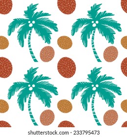 Seamless pattern with silhouettes tropical palm trees and coconuts fruits. Floral repeating background. Natural print texture. Cloth design. Wallpaper 