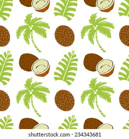 Seamless pattern with silhouettes tropical palm trees and coconuts fruits. Floral repeating background. Natural print texture. Cloth design. Wallpaper 