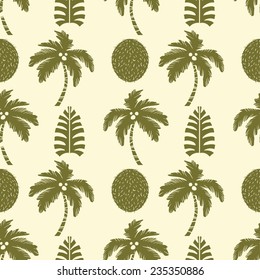 Seamless pattern with silhouettes tropical palm trees and coconuts fruits. Floral repeating background. Natural print texture. Cloth design. Wallpaper 
