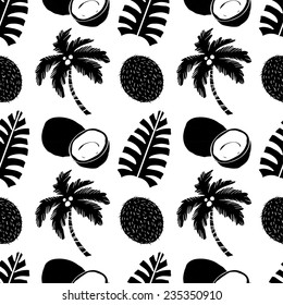 Seamless pattern with silhouettes tropical palm trees and coconuts fruits in black and white. Floral repeating background. Natural print texture. Cloth design. Wallpaper 