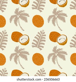 Seamless pattern with silhouettes tropical palm trees and coconuts fruits. Floral repeating background. Natural print texture. Cloth design. Wallpaper 