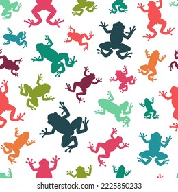 Seamless pattern with silhouettes of tropical tree frogs. Colored vector background on white.