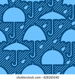 Seamless pattern with silhouettes of umbrellas and raindrops in diagonal striped background.
