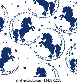 Seamless pattern with silhouettes of unicorns and stars on a white background. Background for children's clothing and textiles.