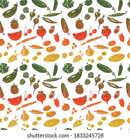 Seamless pattern of silhouettes  various drawn fruits and vegetables