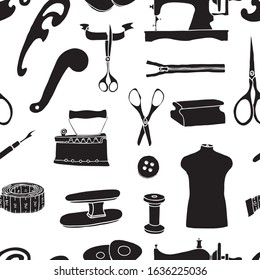 Seamless pattern of silhouettes of various sewing tools for clothing manufacturing