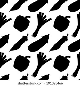Seamless pattern with silhouettes vegetables in black and white. Pepper. Leek. Pea pod. Eggplant - vector 
