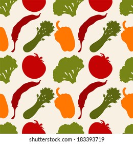 Seamless pattern with silhouettes vegetables. Chili pepper. Bell pepper. Tomato. Broccoli. Celery - vector