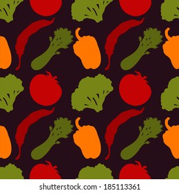 Seamless pattern with silhouettes vegetables. Chili pepper. Bell pepper. Tomato. Broccoli. Celery - vector 