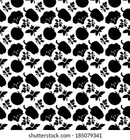 Seamless pattern with silhouettes vegetables. Pepper. Tomato. Parsley. Broccoli in black and white - vector 