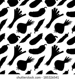 Seamless pattern with silhouettes vegetables. Pepper. Cucumber. Onion. Leek.  Pea pod. Eggplant in black and white - vector 