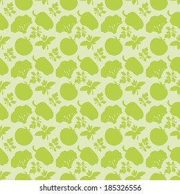 Seamless pattern with silhouettes vegetables. Pepper. Tomato. Parsley. Broccoli - vector 