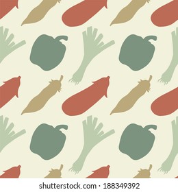 Seamless pattern with silhouettes vegetables. Pepper. Cucumber. Onion. Leek. Pea pod. Eggplant. Endless Print Silhouette Texture. Hand Drawing. Retro. Vintage Style - vector