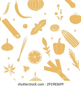 Seamless pattern with silhouettes of vegetables and species in orange color on white background