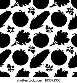 Seamless pattern with silhouettes vegetables. Tomato. Parsley. Salad. Corn in black and white - vector