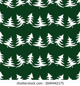 Seamless pattern of silhouettes white curved christmas trees in rows