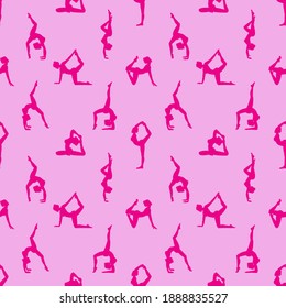 Seamless pattern of silhouettes of woman doing yoga poses on pink background. Feminine pattern for textile, wallpaper, cards. Vector illustration.