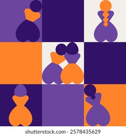 Seamless pattern with silhouettes of women in purple and orange colors. Repeatable background with different female persons in squares in simple style. Flat vector illustration