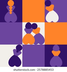 Seamless pattern with silhouettes of women in purple and orange colors. Repeatable background with different female persons in squares in simple style. Flat vector illustration