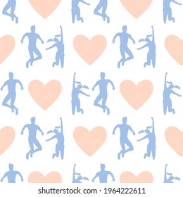 Seamless pattern with silhouettes of young happy couple in jumping poses with hearts. Stock vector illustration.