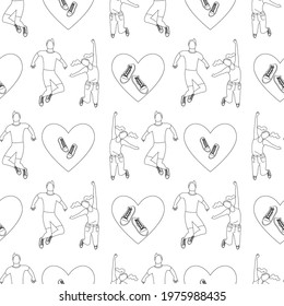Seamless pattern with silhouettes of young happy couple in jumping poses with hearts. Stock vector illustration.