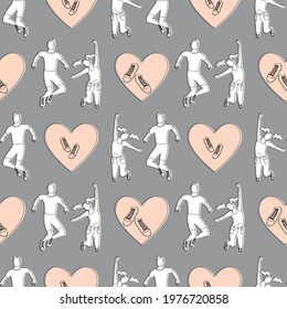 Seamless pattern with silhouettes of young happy couple in jumping poses with hearts. Stock vector illustration.