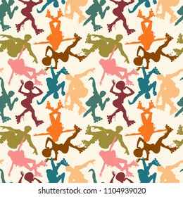Seamless pattern with silhouettes of young people on roller skates isolated on background. Vector flat illustration. Wrap for sport goods, wallpaper in shop of rollers, focused on extreme athletes.