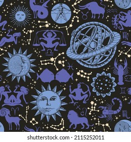 Seamless pattern with silhouettes of zodiac signs, horoscope symbols, moon, sun, stars, constellations and Ptolemaic Geocentric System on black backdrop. Decorative vector background in cartoon style