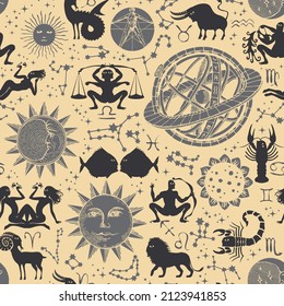 Seamless pattern with silhouettes of zodiac signs, horoscope symbols, sun, moon, stars, constellations and Ptolemaic Geocentric System on a beige backdrop. Abstract vector background in retro style