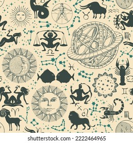 Seamless pattern with silhouettes of zodiac signs, horoscope symbols, sun, moon, stars, constellations and Ptolemaic Geocentric System on beige backdrop. Abstract vector background in retro style