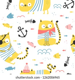 Seamless pattern with silly cats - pirates on white background. Vector illustration for children.