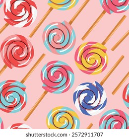 Seamless pattern with silly colorful lollipops on a pink background. Hand drawn vector illustration with candy in cartoon style