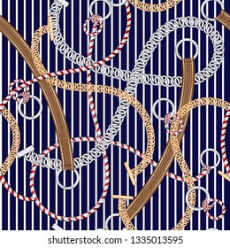 Seamless pattern silver chain ,belt, and summer ropes on marine nautical navy blue and white stripe in vector Trendy and unique design for fashion, fabric, web, wallpaper and all prints 