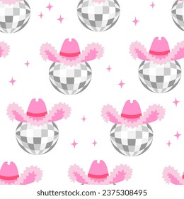 Seamless pattern with silver disco balls and pink cowboy hats. Vector flat background in cowgirl disco concept