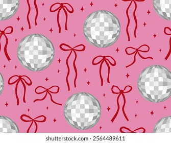 Seamless pattern with silver disco balls and bows. Vector flat holiday background 