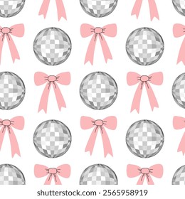 Seamless pattern with silver disco balls and pink bows. Vector flat hand drawn background. Funky and groovy retro illustration