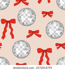 Seamless pattern with silver disco balls and red bows. Vector flat holiday background