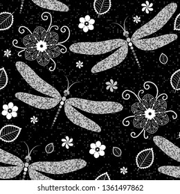 Seamless pattern with silver dragonflies and flowers on dark background. Vector image. Eps 8