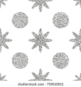 Seamless pattern with silver glitter textured circle and star on the white background. Good for holidays, 2018.