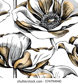 Seamless pattern with silver and gold Anemone flowers on a white background. Vector illustration.