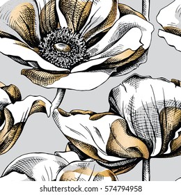 Seamless pattern with silver and gold Anemone flowers on a gray background. Vector illustration.