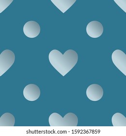 Seamless pattern with silver gradient hearts and dots on the blue background. Cute ornament for cards, banners, invitation, scrapbook, wrapping paper, packet, textile. Vector illustration