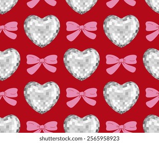 Seamless pattern with silver heart shaped disco balls and hand drawn bows. Vector flat holiday background